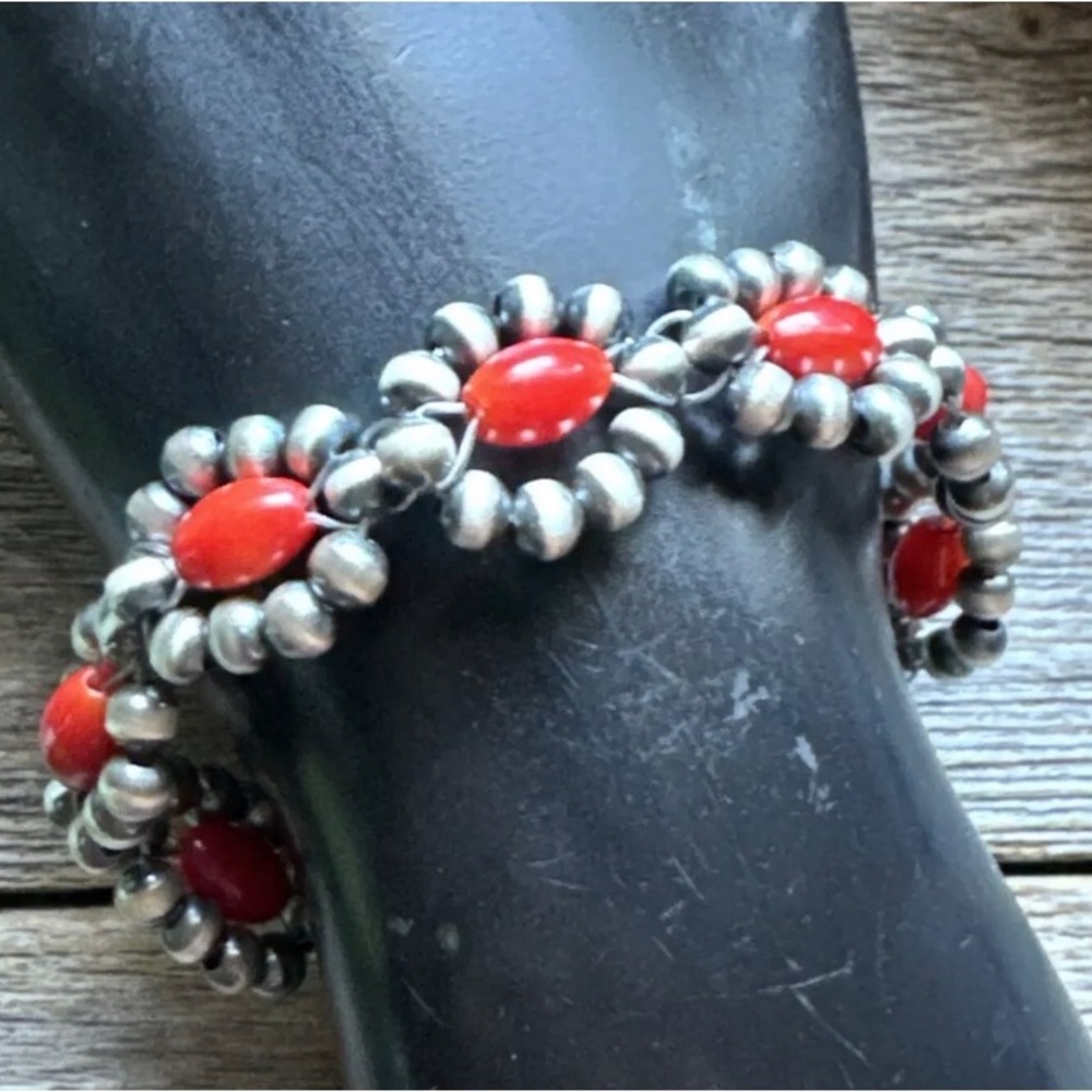 Floral Sterling Silver Red Bamboo Coral Pearls Bead Bracelet. 6 Inch